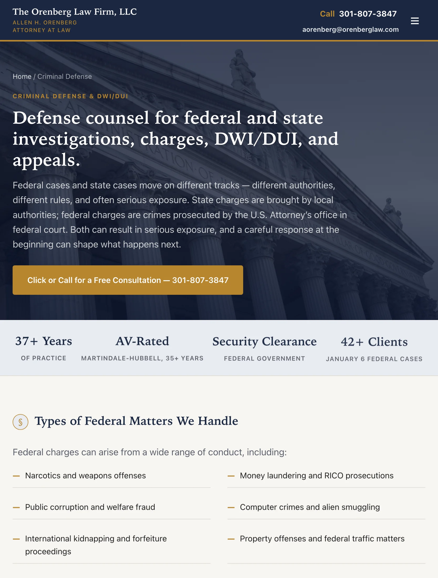 The Orenberg Law criminal-defense page on a tablet