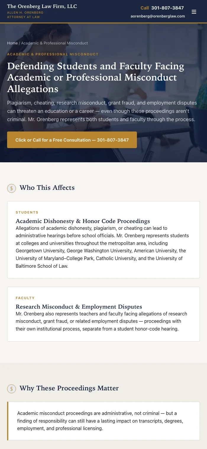 The Orenberg Law academic-misconduct page on a phone
