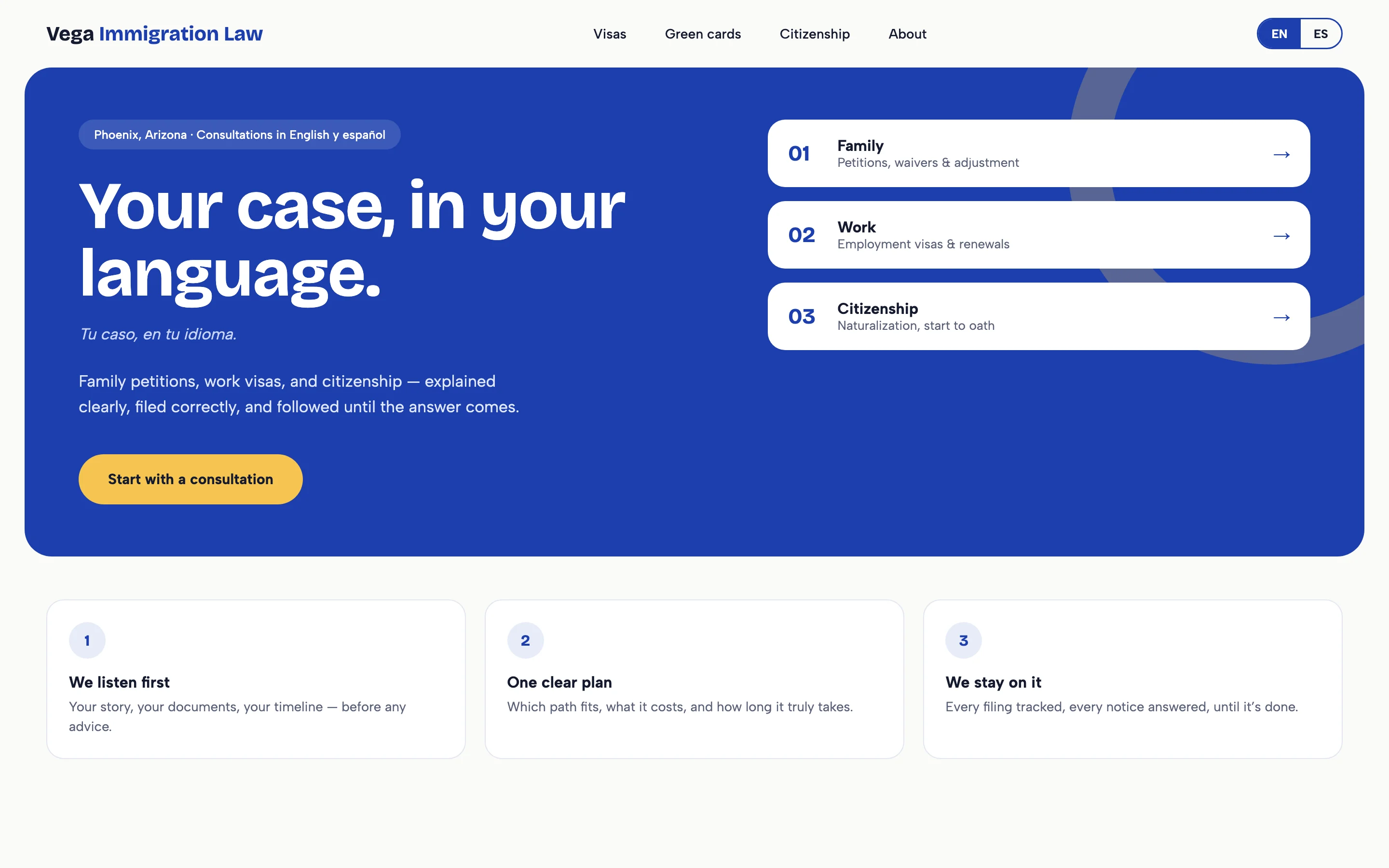 Design study: homepage concept for a bilingual immigration law practice