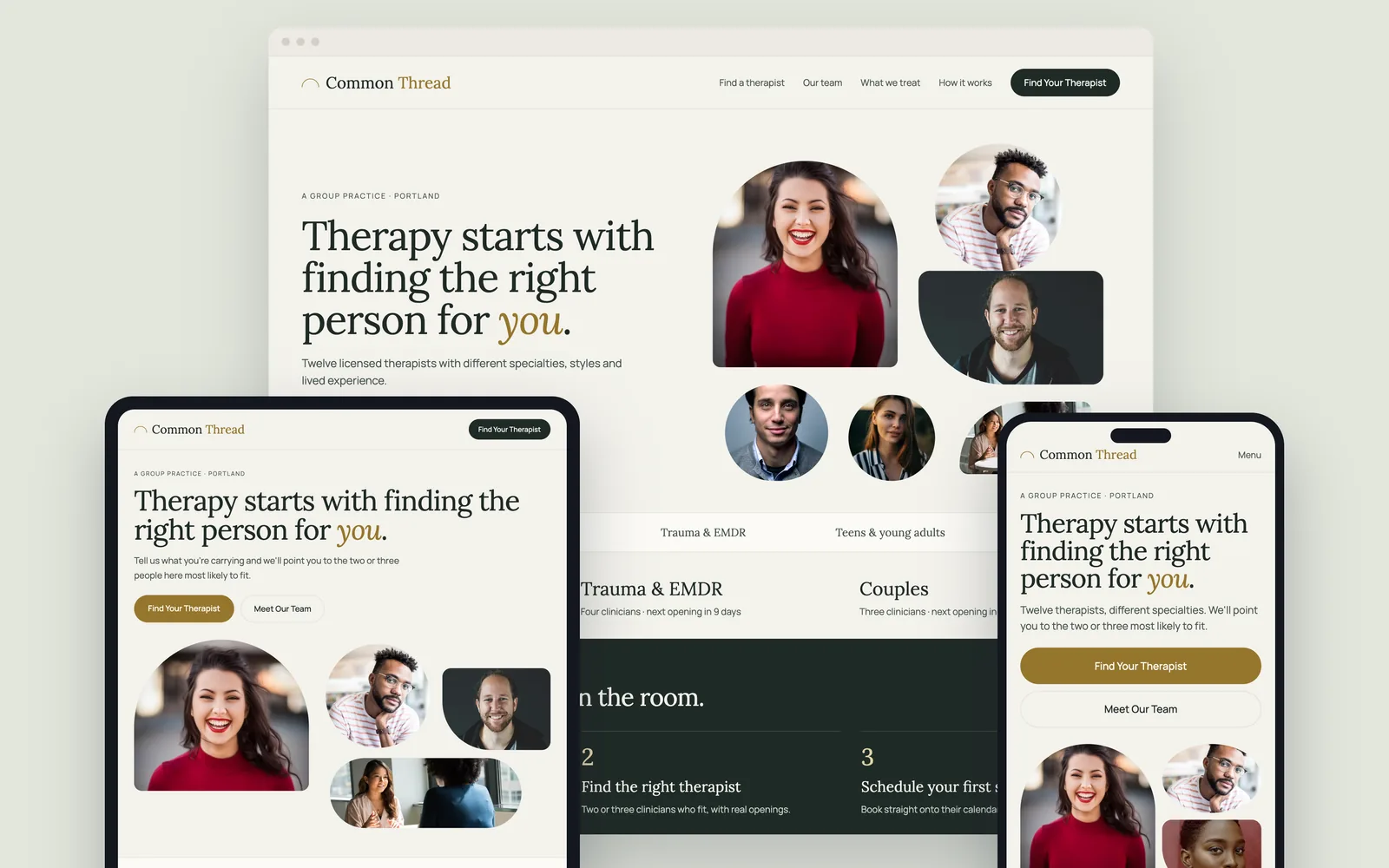 A group therapy practice homepage shown on desktop, tablet and phone: a portrait collage of twelve clinicians, a matching panel, and the team directory.