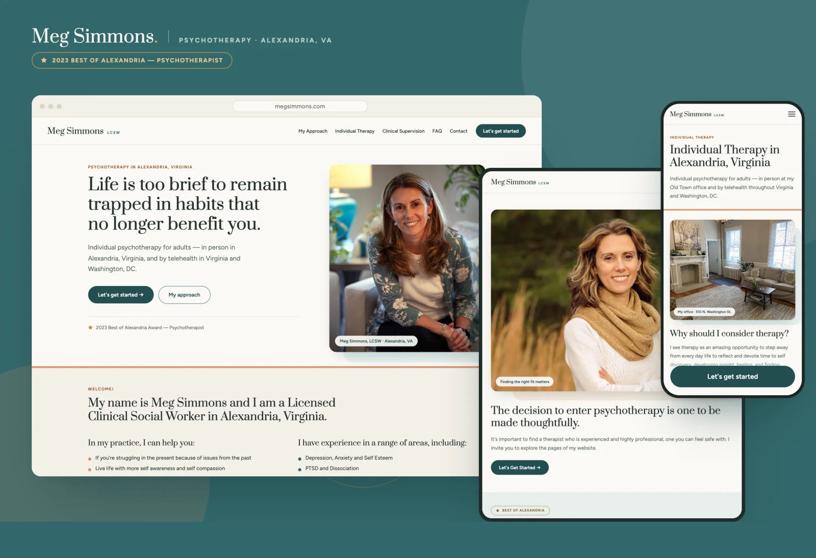 The Meg Simmons, LCSW website shown on a desktop, tablet and phone: homepage, individual therapy page, and office photography.