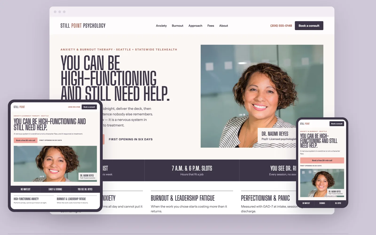 A solo therapy practice homepage shown on desktop, tablet and phone: anxiety and burnout treatment, consultation booking, and appointment hours.