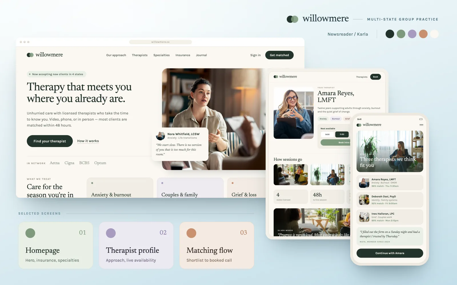A therapy group practice website shown on a desktop, a tablet and a phone: homepage with insurance and specialties, a therapist profile with live availability, and a three-step matching flow.